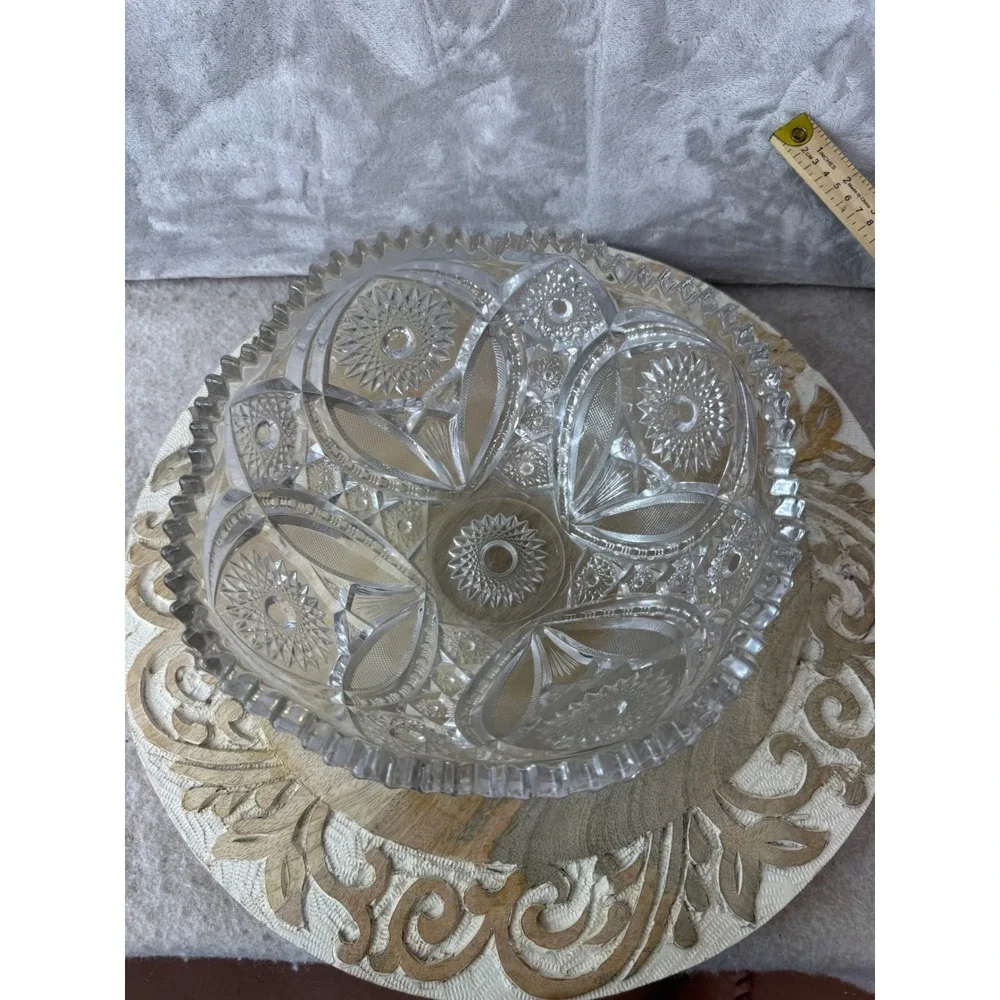 Vintage Cut Glass Hobstar Bowl Sawtooth Rim Crystal Centerpiece 8 Inch Round‎
